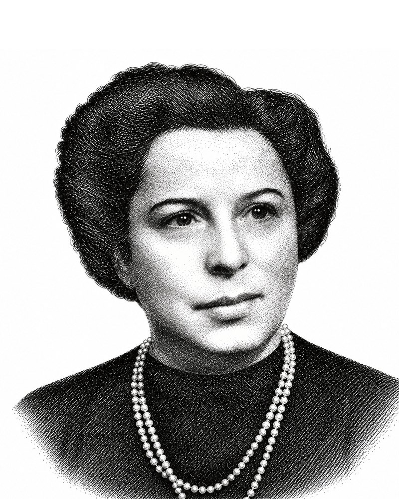 Gisi Fleischmann, studio portrait: a woman with dark, shoulder-length hair, wearing a dark top and a double strand of pearls.