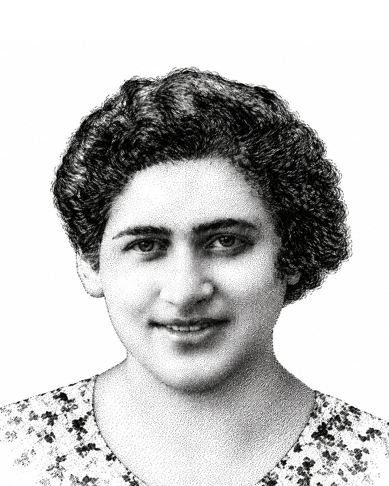 Róża Robota, head-and-shoulders portrait taken before 1939: a young woman with dark curly hair, smiling, in a patterned blouse.